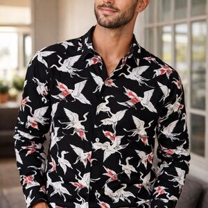 Express Black Shirt with Crane Print